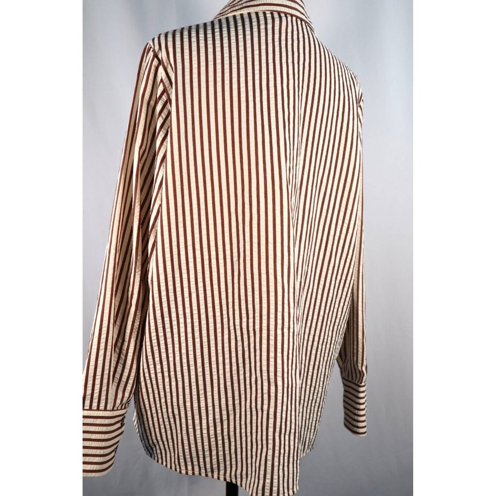 Boohoo women's Striped beach shirt chocolate Button-Up Long Sleeve Size 4 petit - Picture 4 of 16